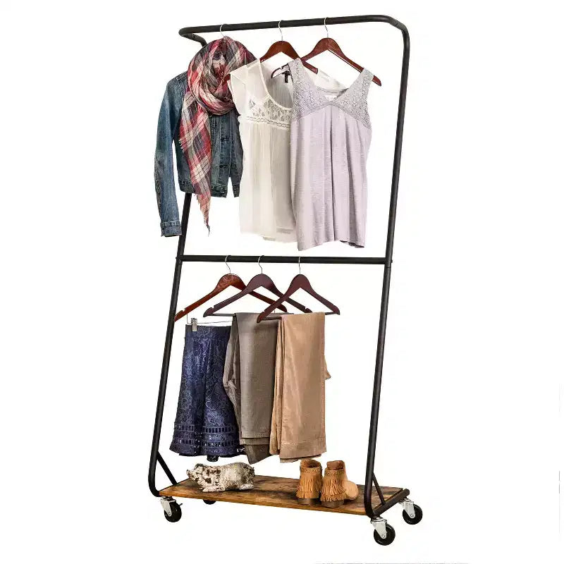Portant à Vêtements Marron Rustique à Cadre en Z avec Double Barre et Étagère Inférieure