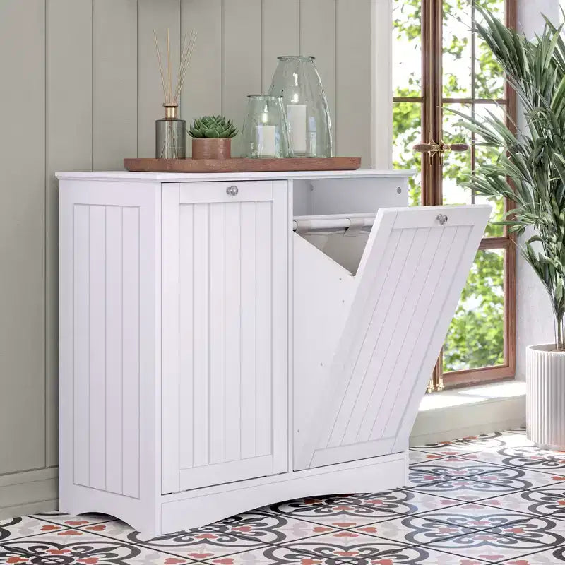 Meuble de rangement pour linge sale blanc à double bac basculant avec sacs en tissu amovibles