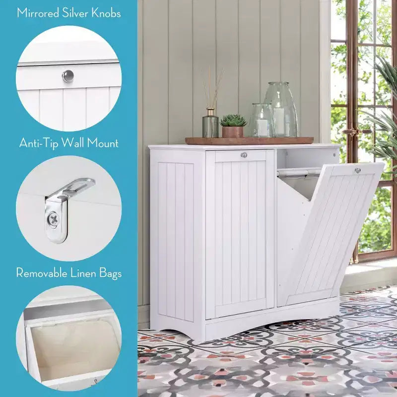 Meuble de rangement pour linge sale blanc à double bac basculant avec sacs en tissu amovibles