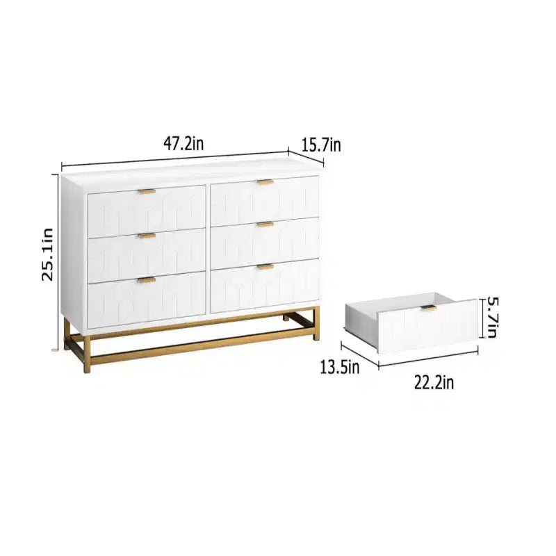 Coiffeuse de chambre à six tiroirs avec pieds en métal doré