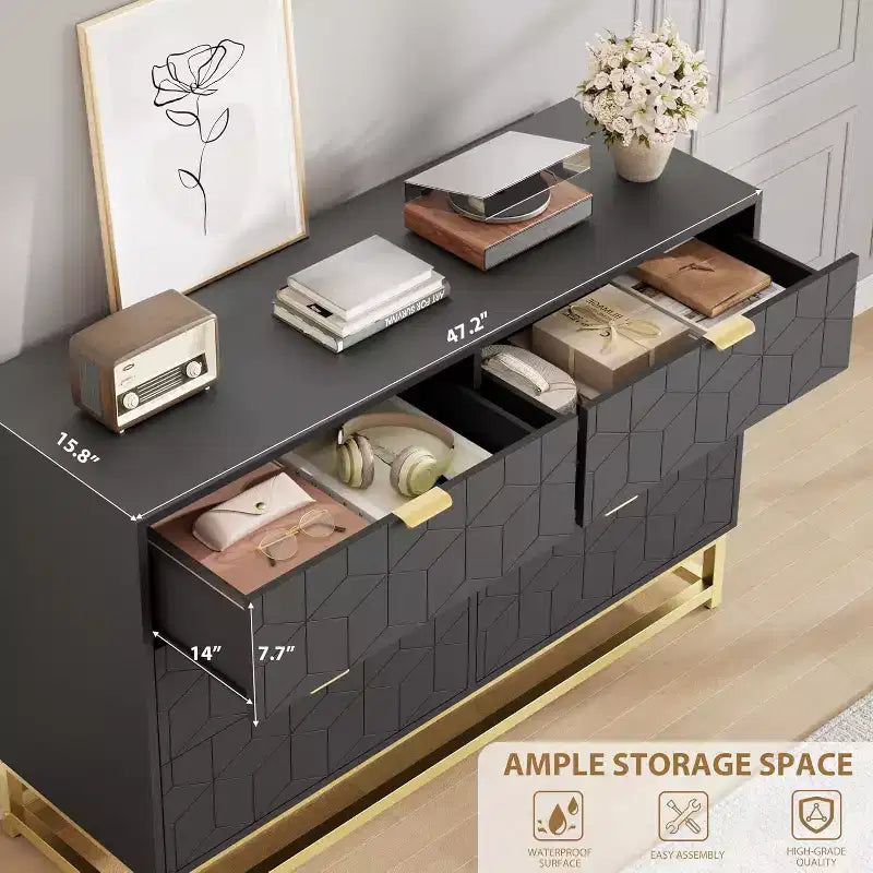 Coiffeuse de chambre à six tiroirs avec pieds en métal doré