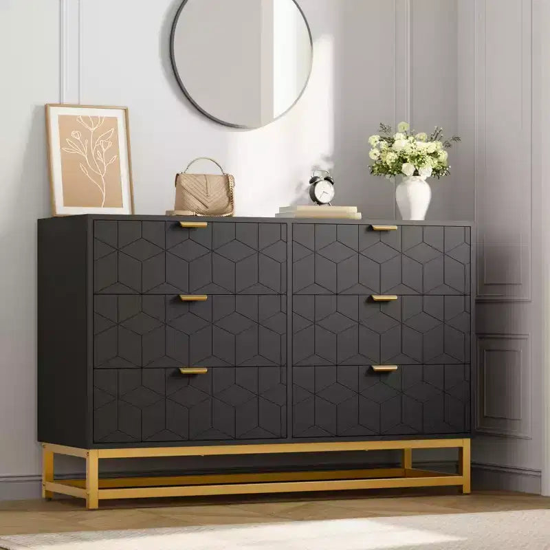 Coiffeuse de chambre à six tiroirs avec pieds en métal doré