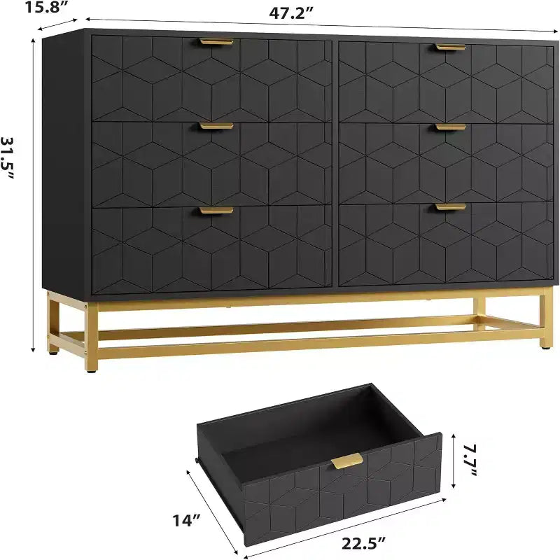 Coiffeuse de chambre à six tiroirs avec pieds en métal doré