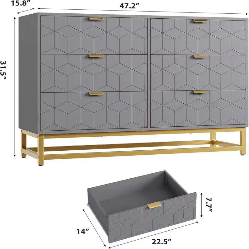 Coiffeuse de chambre à six tiroirs avec pieds en métal doré