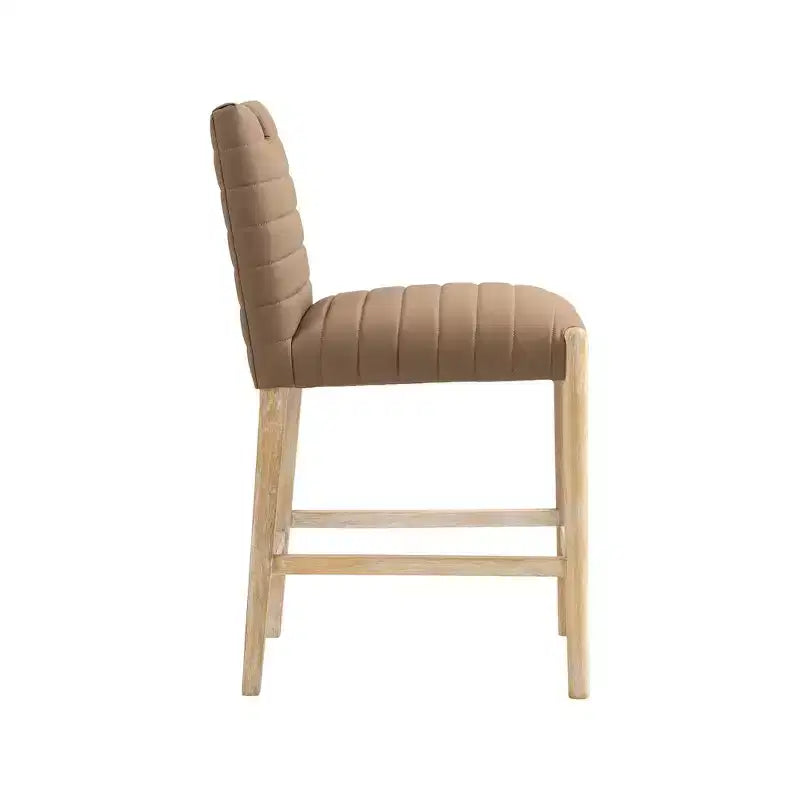 Tabouret de comptoir en similicuir vegan marron avec base en chêne naturel