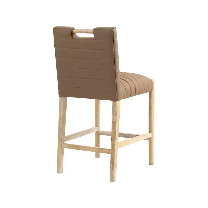Tabouret de comptoir en similicuir vegan marron avec base en chêne naturel