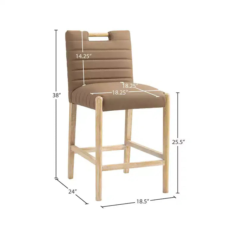 Tabouret de comptoir en similicuir vegan marron avec base en chêne naturel