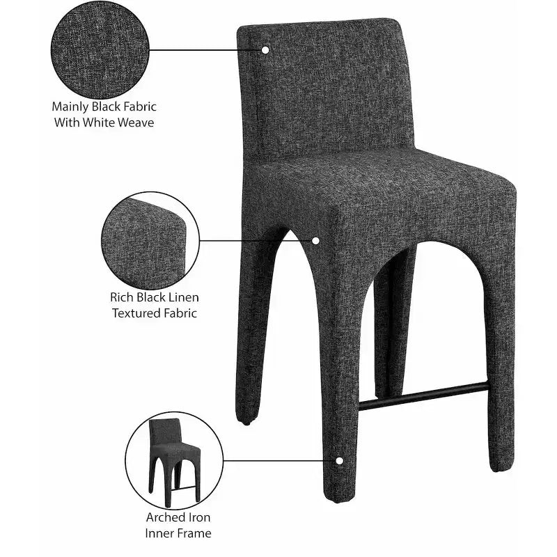 Tabouret en Tissu Texturé Lin Noir au Design Art Déco