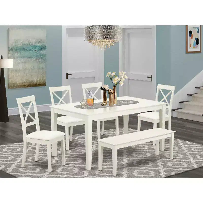 Ensemble de salle à manger rectangulaire 6 pièces avec banc et 4 chaises, blanc lin
