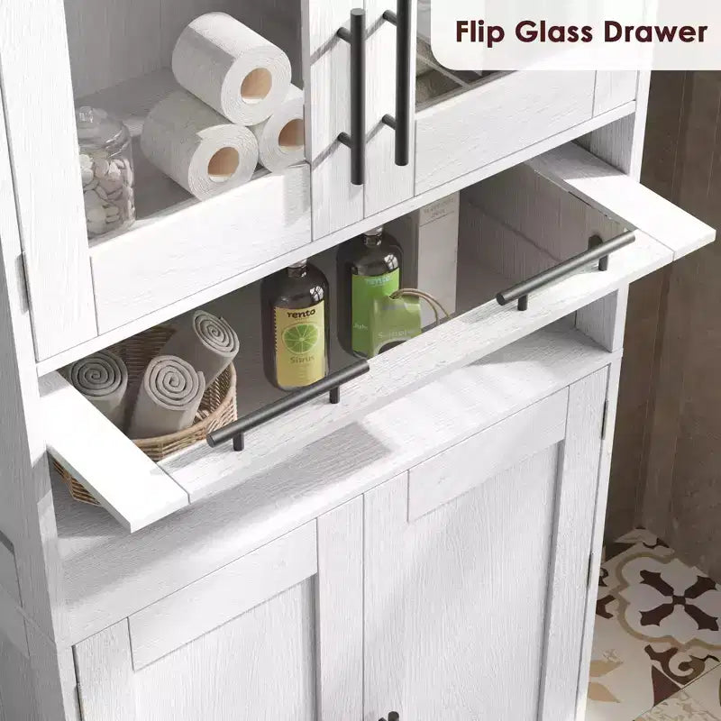 Meuble de salle de bain autoportant de 170 cm avec 4 portes et tiroir en verre basculant