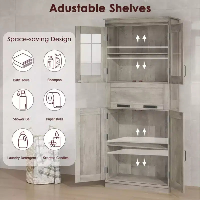 Meuble de salle de bain autoportant de 170 cm avec 4 portes et tiroir en verre basculant