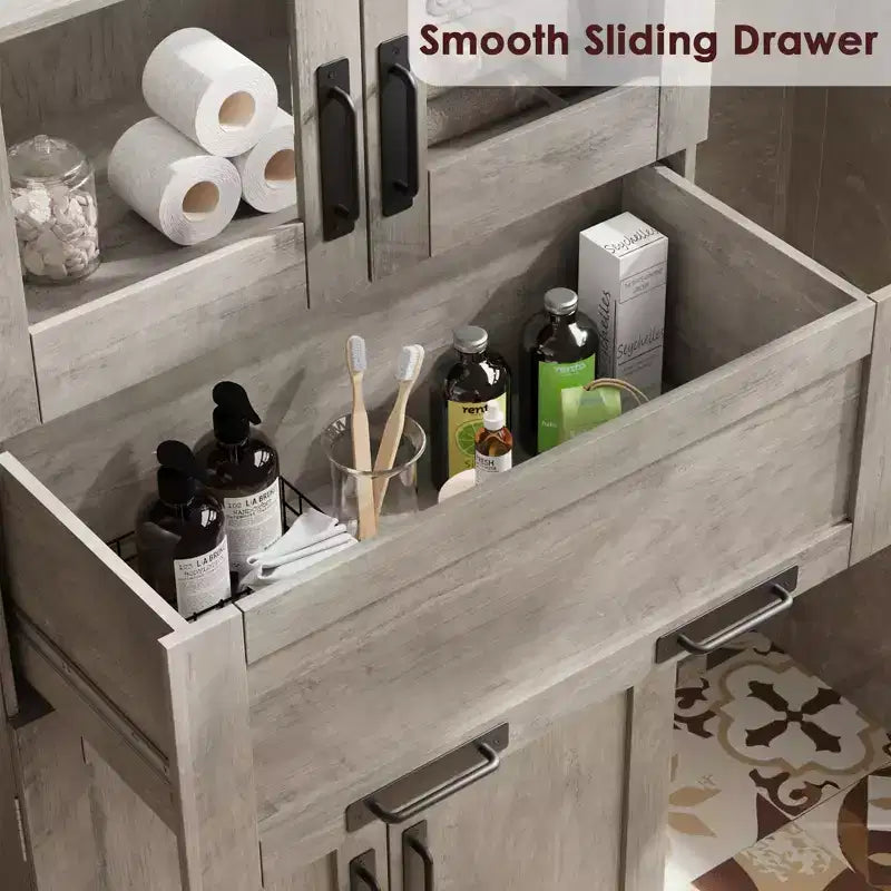 Meuble de salle de bain autoportant de 170 cm avec 4 portes et tiroir en verre basculant