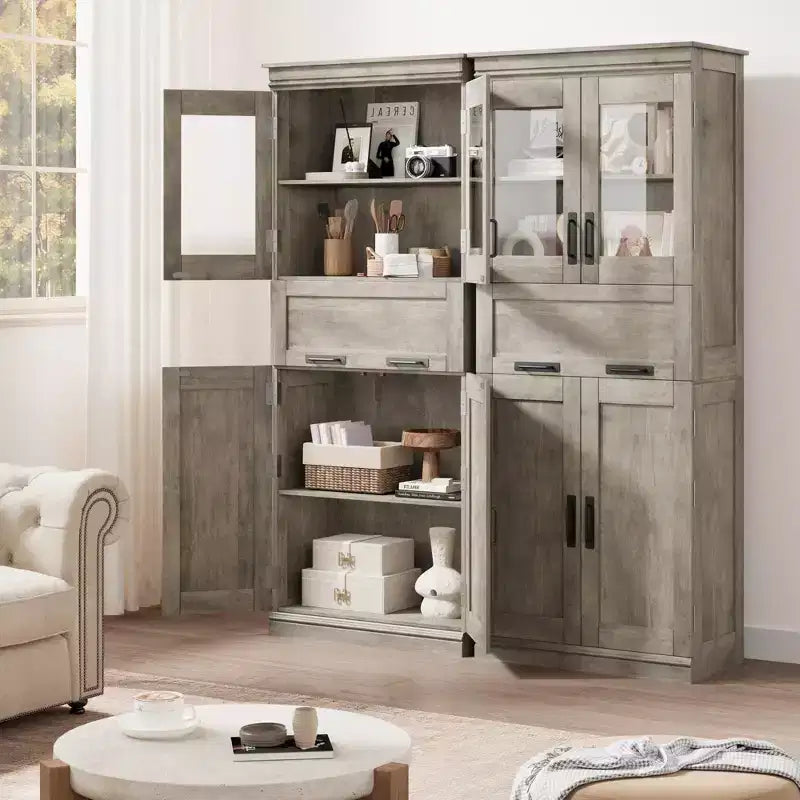 Meuble de salle de bain autoportant de 170 cm avec 4 portes et tiroir en verre basculant
