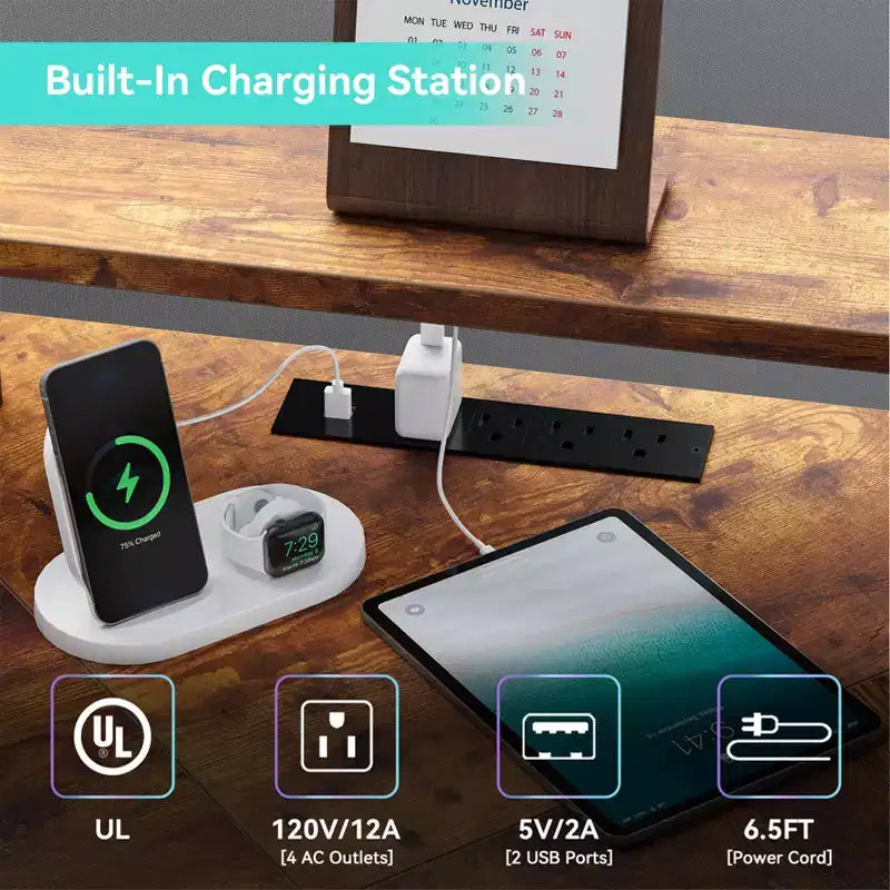 Bureau en L avec éclairage LED et prises de courant, bureau d'ordinateur avec support d'écran, adapté aux bureaux à domicile, bureau pour télétravail