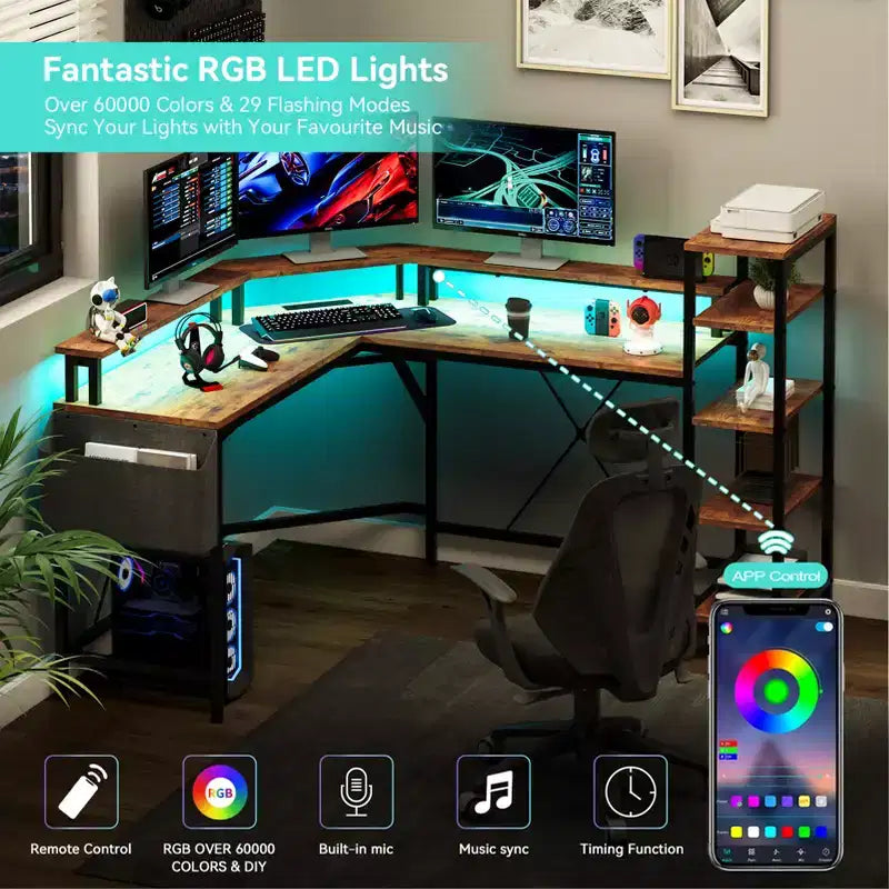 Bureau en L avec éclairage LED et prises de courant, bureau d'ordinateur avec support d'écran, adapté aux bureaux à domicile, bureau pour télétravail