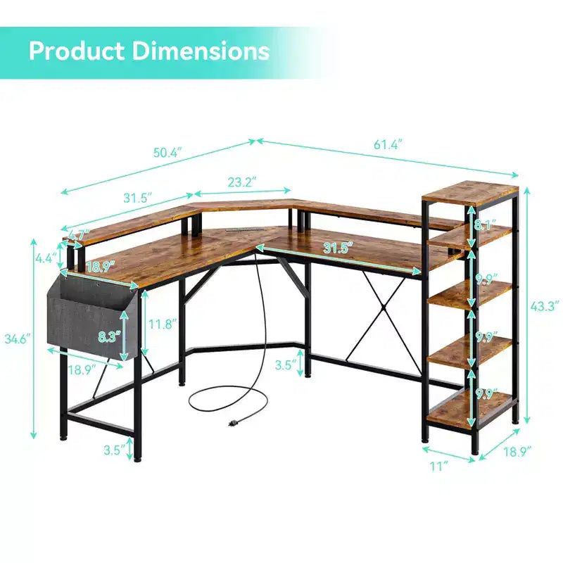 Bureau en L avec éclairage LED et prises de courant, bureau d'ordinateur avec support d'écran, adapté aux bureaux à domicile, bureau pour télétravail