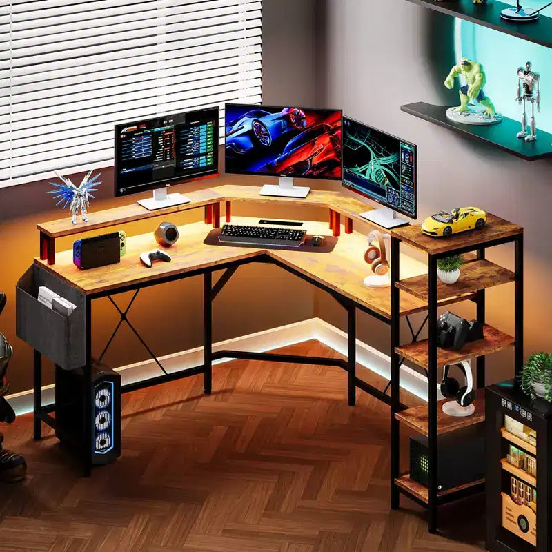 Bureau en L avec éclairage LED et prises de courant, bureau d'ordinateur avec support d'écran, adapté aux bureaux à domicile, bureau pour télétravail