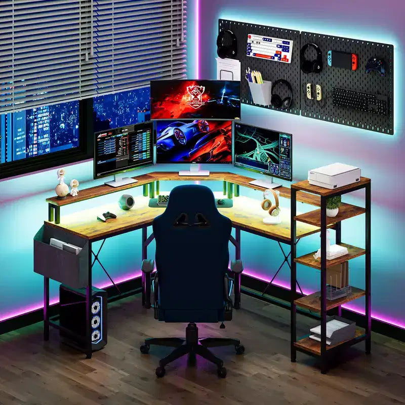 Bureau en L avec éclairage LED et prises de courant, bureau d'ordinateur avec support d'écran, adapté aux bureaux à domicile, bureau pour télétravail