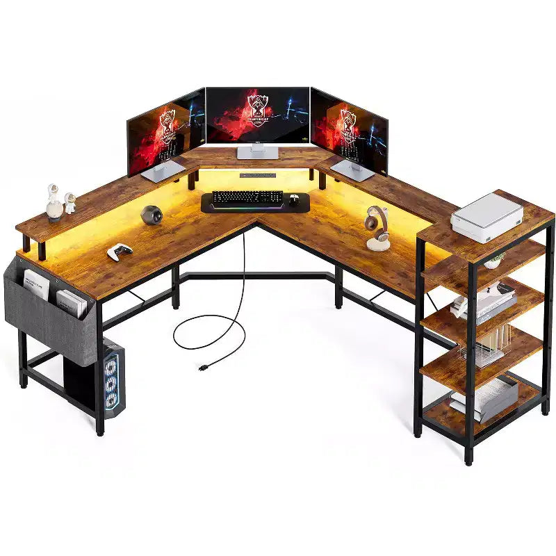 Bureau en L avec éclairage LED et prises de courant, bureau d'ordinateur avec support d'écran, adapté aux bureaux à domicile, bureau pour télétravail