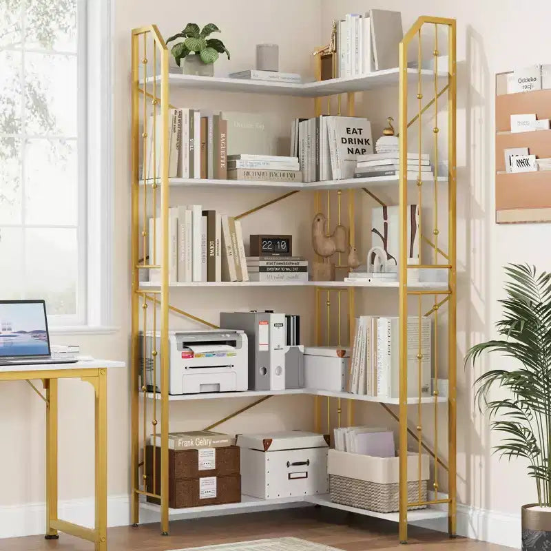 Étagère d'angle 72 - Bibliothèque en L, étagères d'angle industrielles - Bibliothèque en L à 5 niveaux, grandes bibliothèques avec design perlé