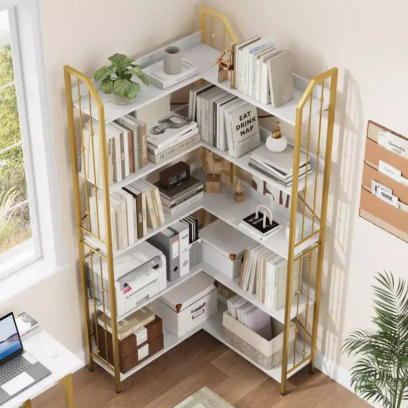 Étagère d'angle 72 - Bibliothèque en L, étagères d'angle industrielles - Bibliothèque en L à 5 niveaux, grandes bibliothèques avec design perlé