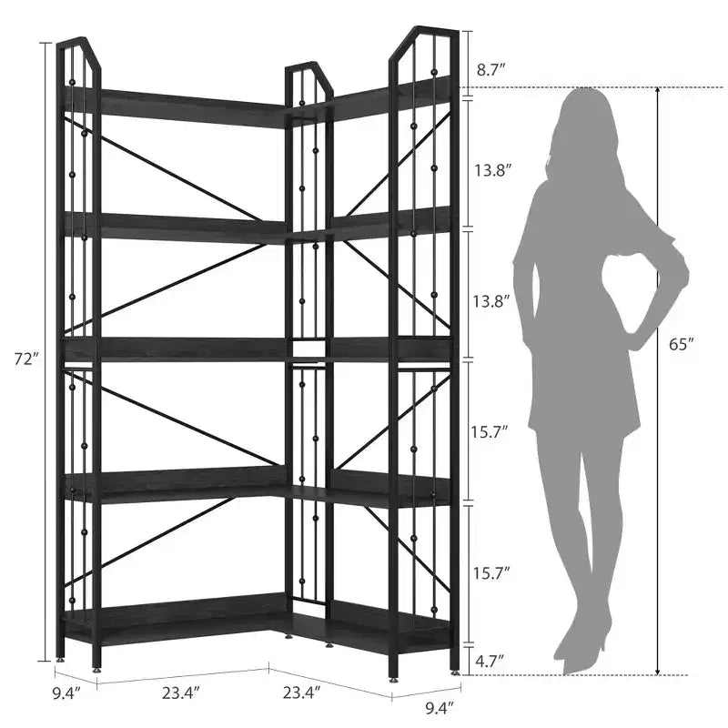 Étagère d'angle 72 - Bibliothèque en L, étagères d'angle industrielles - Bibliothèque en L à 5 niveaux, grandes bibliothèques avec design perlé