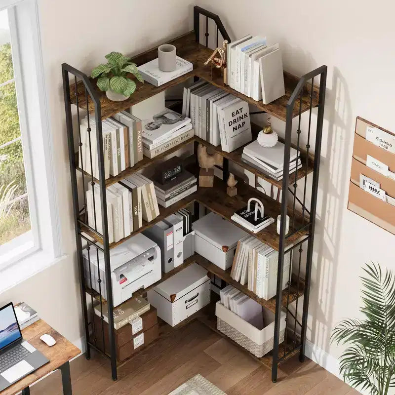 Étagère d'angle 72 - Bibliothèque en L, étagères d'angle industrielles - Bibliothèque en L à 5 niveaux, grandes bibliothèques avec design perlé