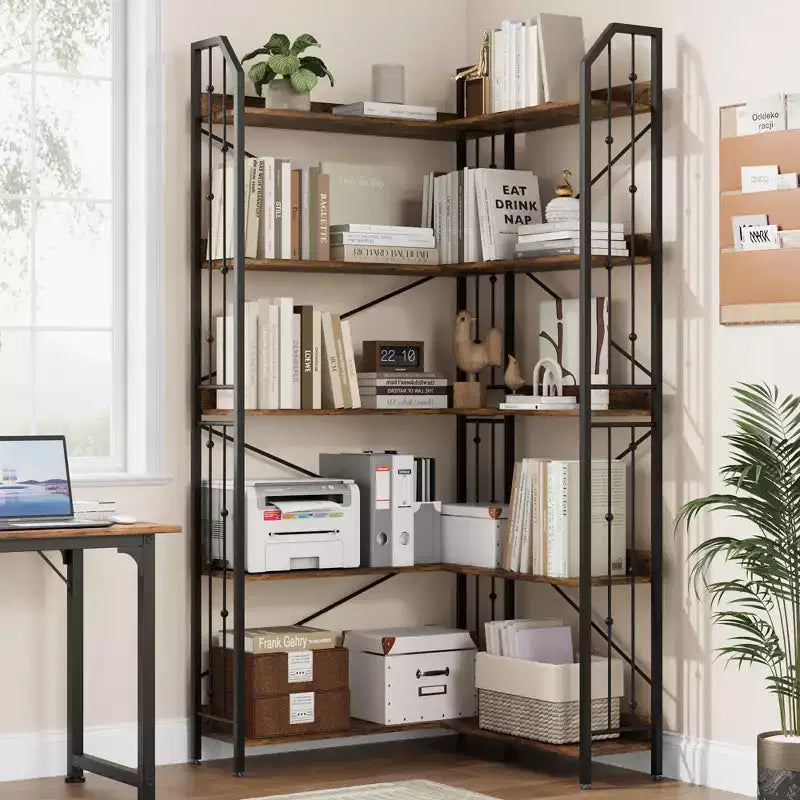 Étagère d'angle 72 - Bibliothèque en L, étagères d'angle industrielles - Bibliothèque en L à 5 niveaux, grandes bibliothèques avec design perlé