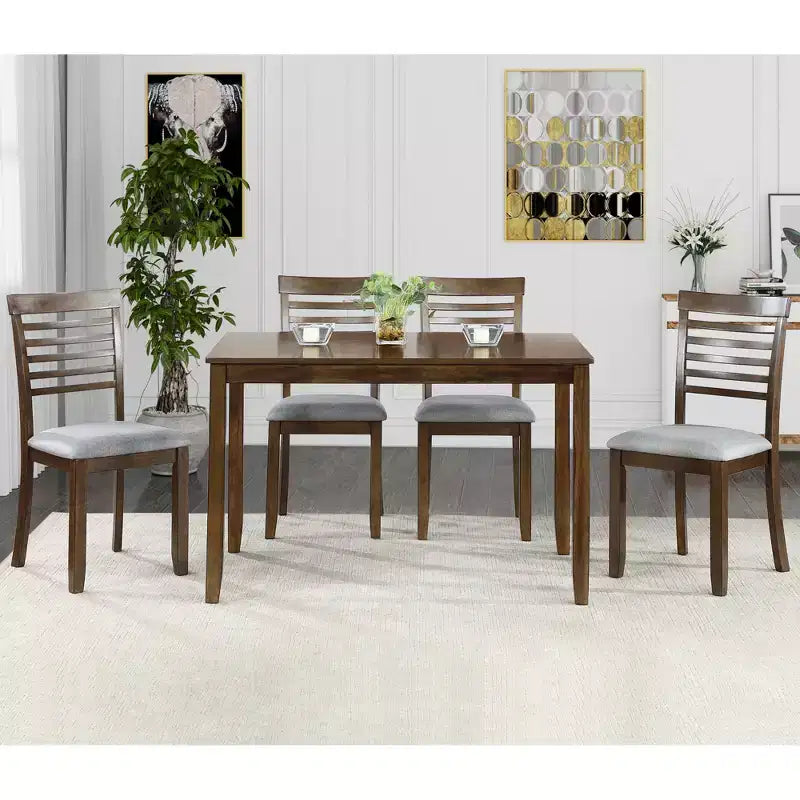 Ensemble repas moderne 5 pièces - Table rectangulaire en bois et 4 chaises rembourrées