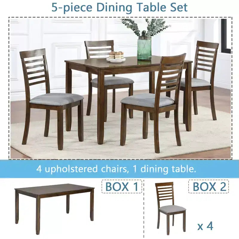 Ensemble repas moderne 5 pièces - Table rectangulaire en bois et 4 chaises rembourrées