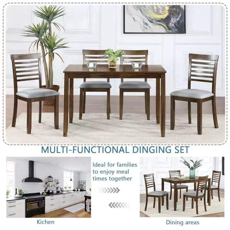 Ensemble repas moderne 5 pièces - Table rectangulaire en bois et 4 chaises rembourrées