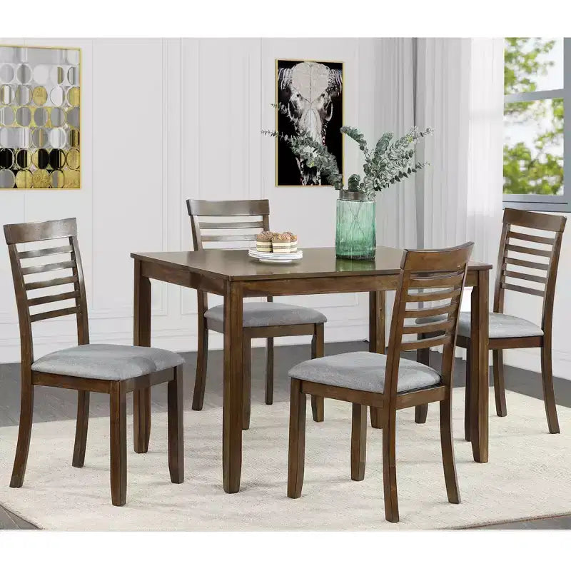 Ensemble repas moderne 5 pièces - Table rectangulaire en bois et 4 chaises rembourrées