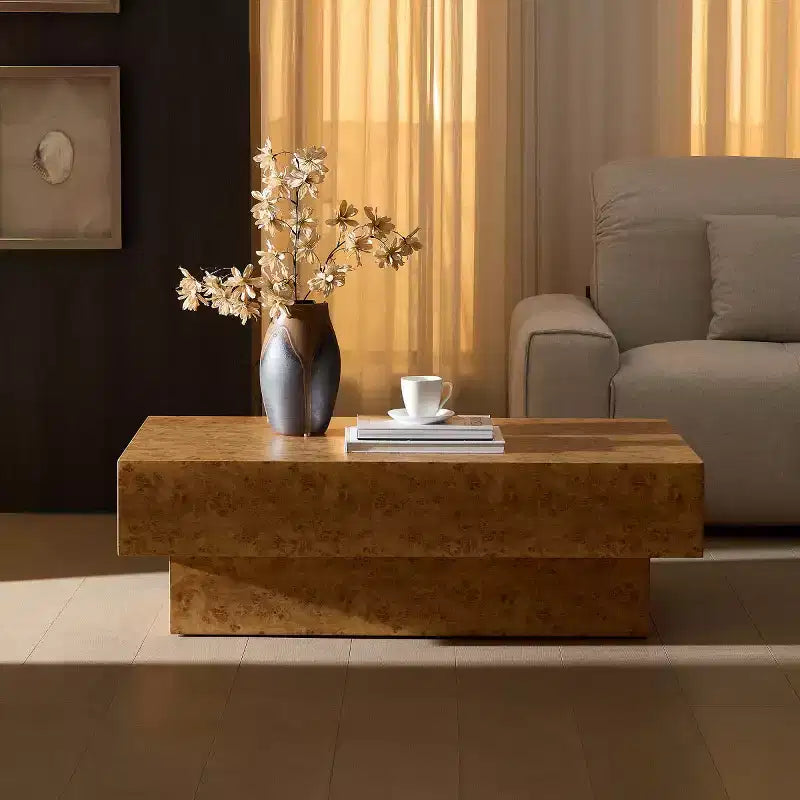 Table basse rectangulaire de 43 po avec piètement piédestal en similibois de loupe et MDF