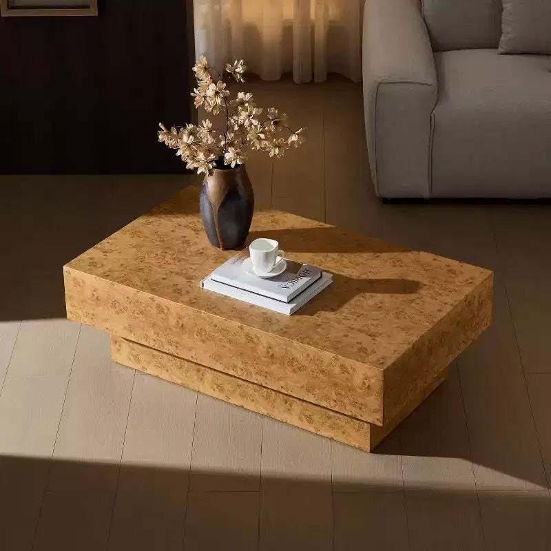 Table basse rectangulaire de 43 po avec piètement piédestal en similibois de loupe et MDF