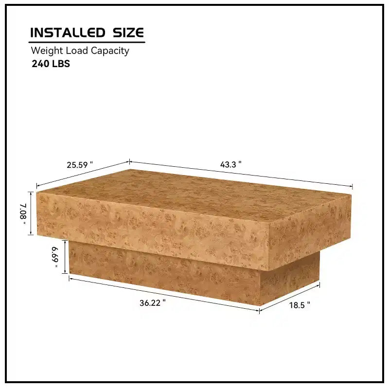 Table basse rectangulaire de 43 po avec piètement piédestal en similibois de loupe et MDF