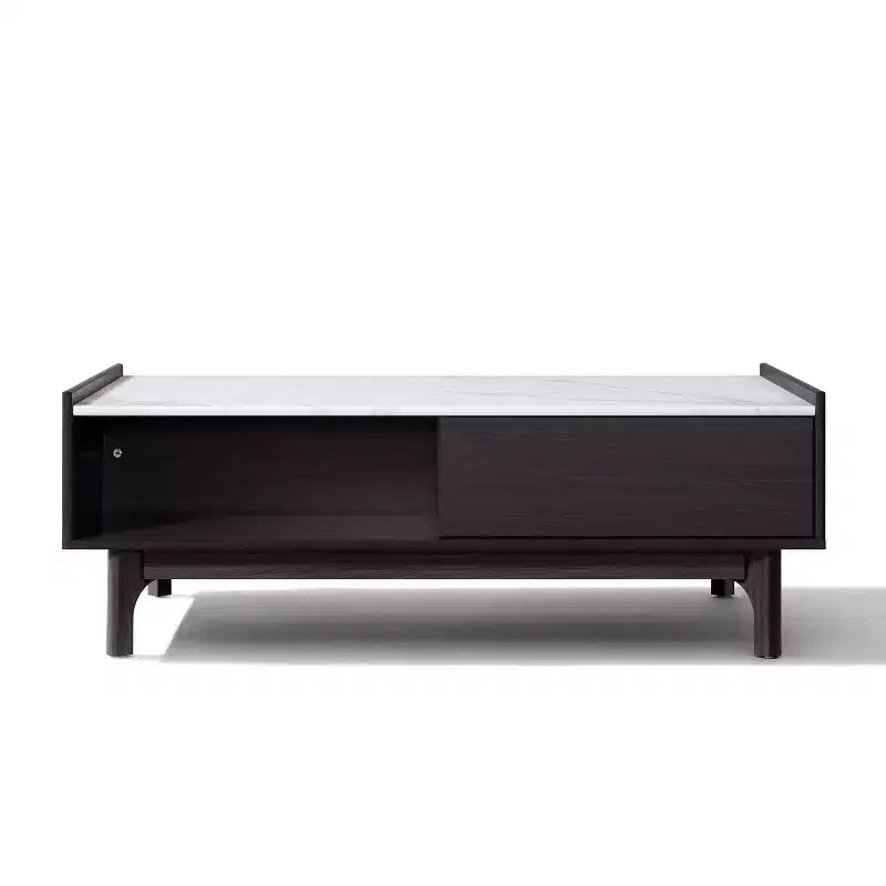 LuxenHome Modi Wenge Coffee Table with 1 Door, Open Storage & Raised Sides, Faux Marble Top, Manufactured Wood Brown