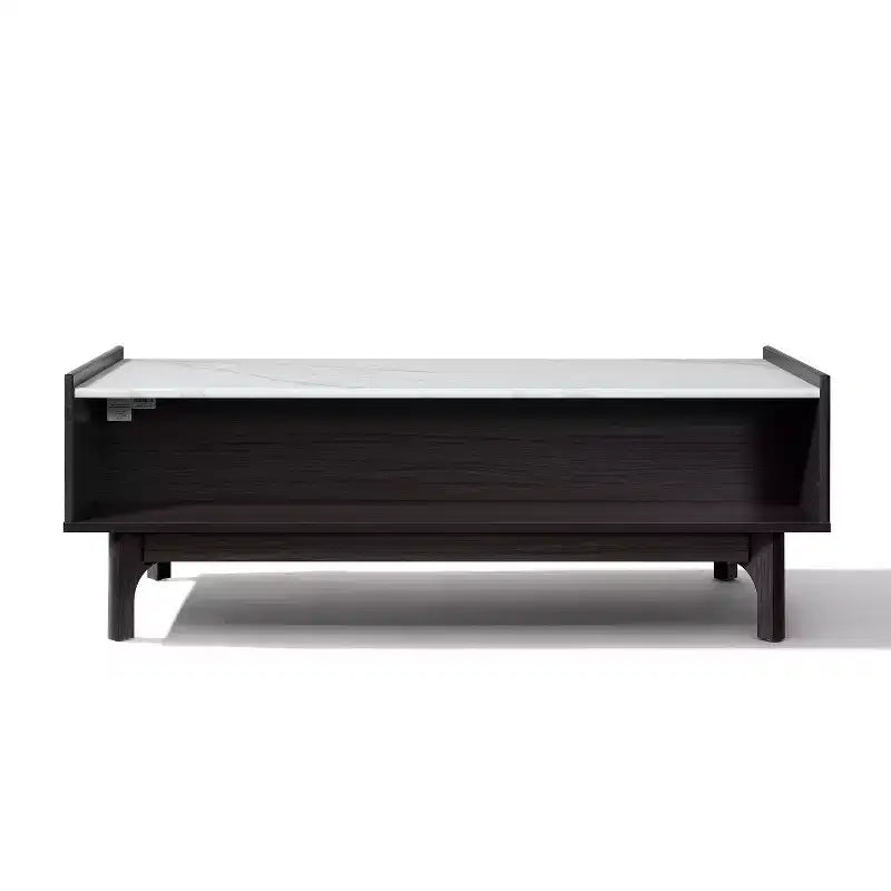 Table basse Wenge avec porte, rangement ouvert et plateau en faux marbre