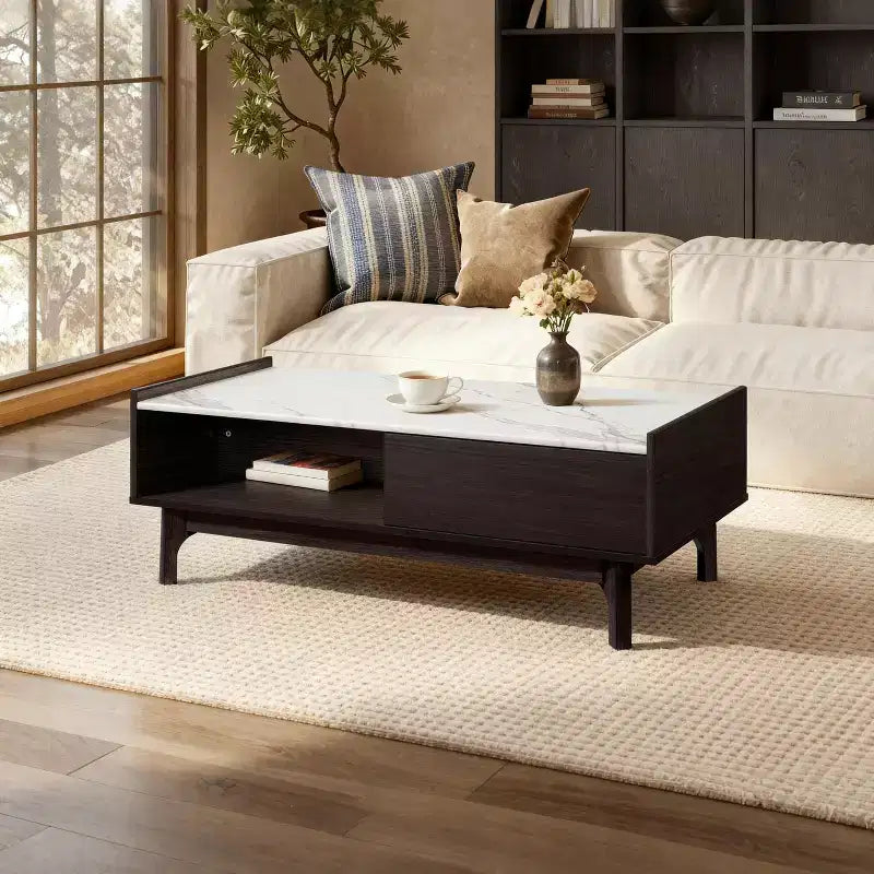 Table basse Wenge avec porte, rangement ouvert et plateau en faux marbre
