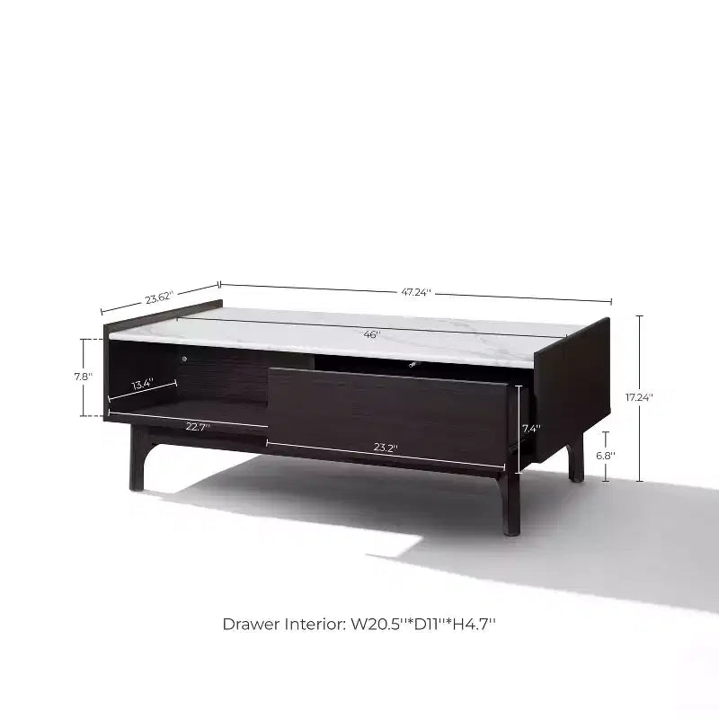 Table basse Wenge avec porte, rangement ouvert et plateau en faux marbre