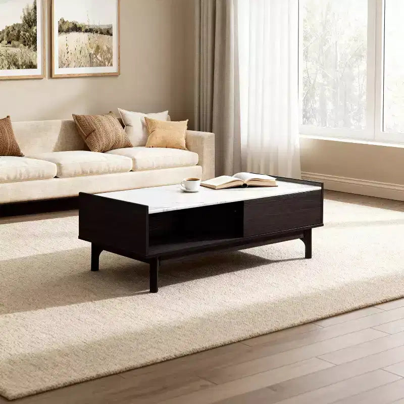 Table basse Wenge avec porte, rangement ouvert et plateau en faux marbre