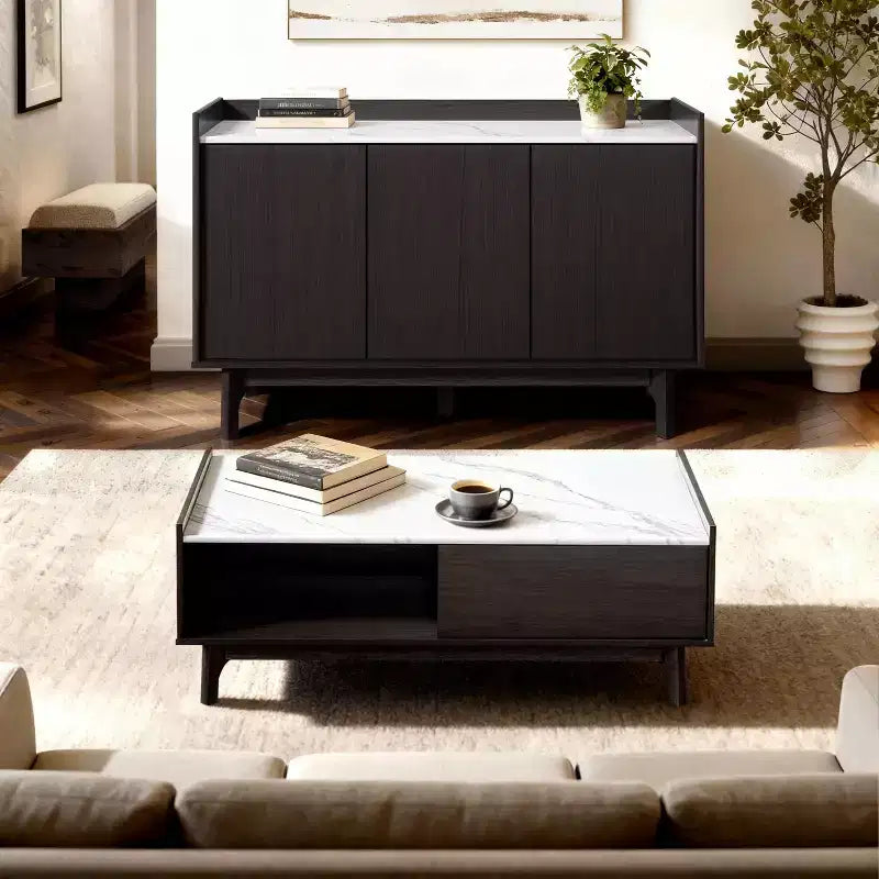 Table basse Wenge avec porte, rangement ouvert et plateau en faux marbre