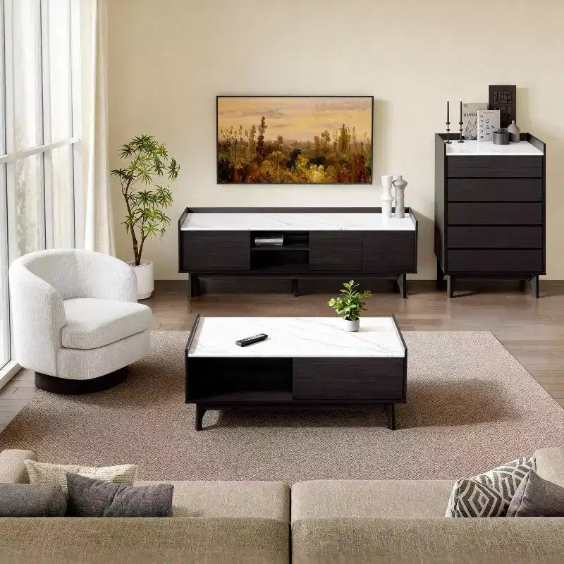 Table basse Wenge avec porte, rangement ouvert et plateau en faux marbre