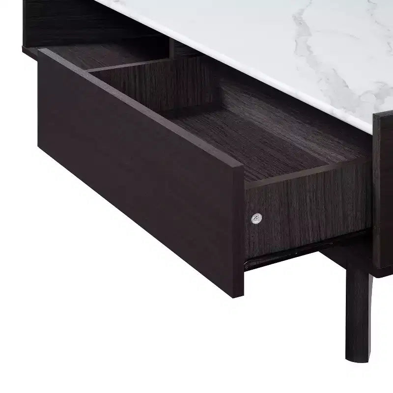 Table basse Wenge avec porte, rangement ouvert et plateau en faux marbre
