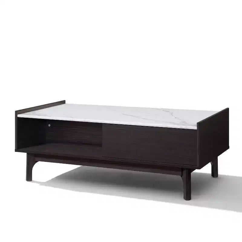 Table basse Wenge avec porte, rangement ouvert et plateau en faux marbre