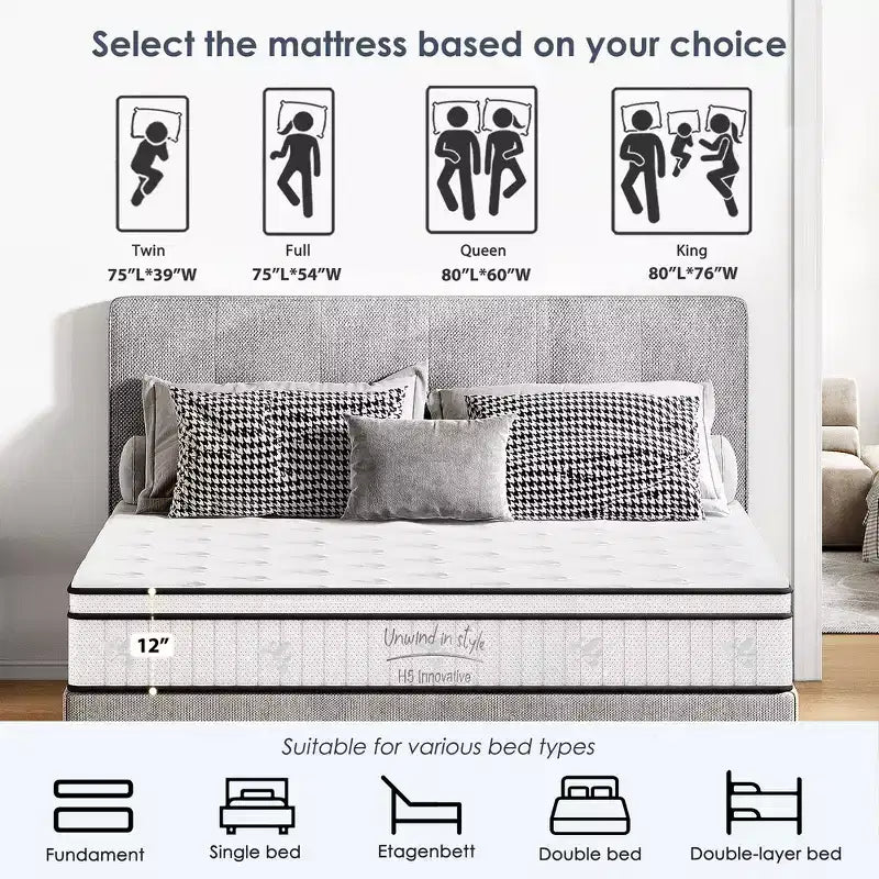 Matelas hybride Queen 12 po - Mousse à mémoire de forme et ressorts ensachés, fermeté moyenne