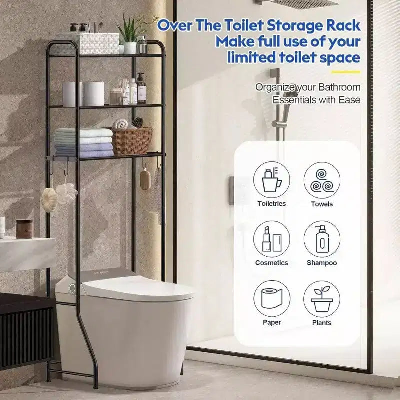 Étagère de rangement 3 niveaux au-dessus des toilettes Meuble de salle de bain Organisateur Étagères Armoire Noir Autoportant Gain de place