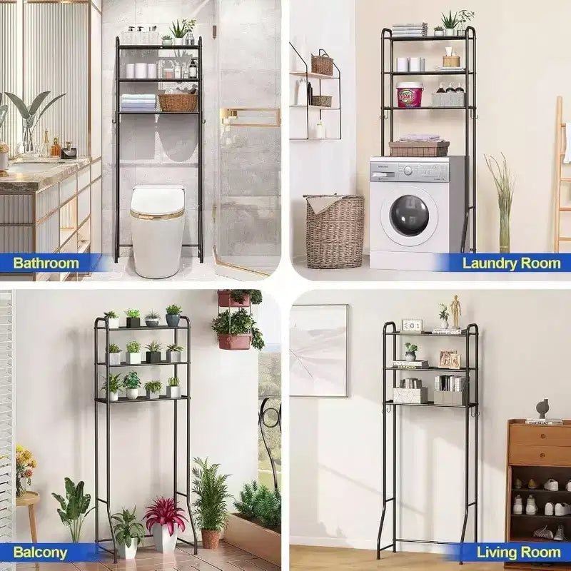 Étagère de rangement 3 niveaux au-dessus des toilettes Meuble de salle de bain Organisateur Étagères Armoire Noir Autoportant Gain de place