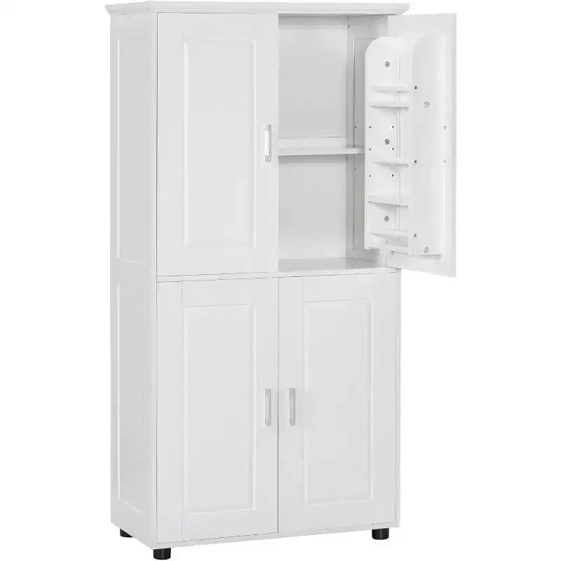Meuble de rangement de salle de bain haut et large, autoportant avec 4 portes, étagères réglables, meuble de rangement de salle de bain blanc