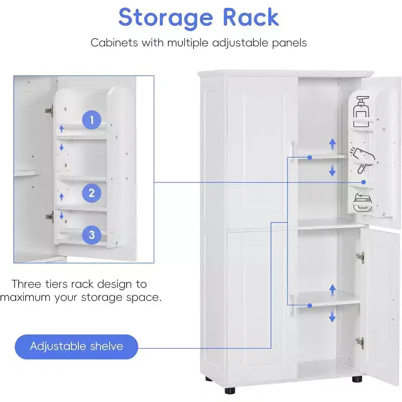 Meuble de rangement de salle de bain haut et large, autoportant avec 4 portes, étagères réglables, meuble de rangement de salle de bain blanc