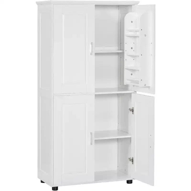 Meuble de rangement de salle de bain haut et large, autoportant avec 4 portes, étagères réglables, meuble de rangement de salle de bain blanc